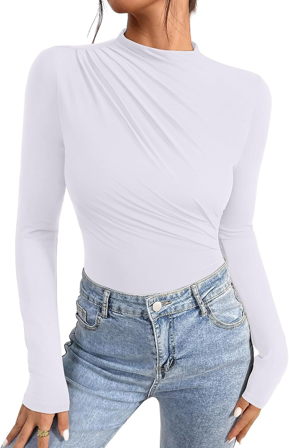 REORIA Womens Long Sleeve Ruched Bodysuit Tops | Amazon (US)