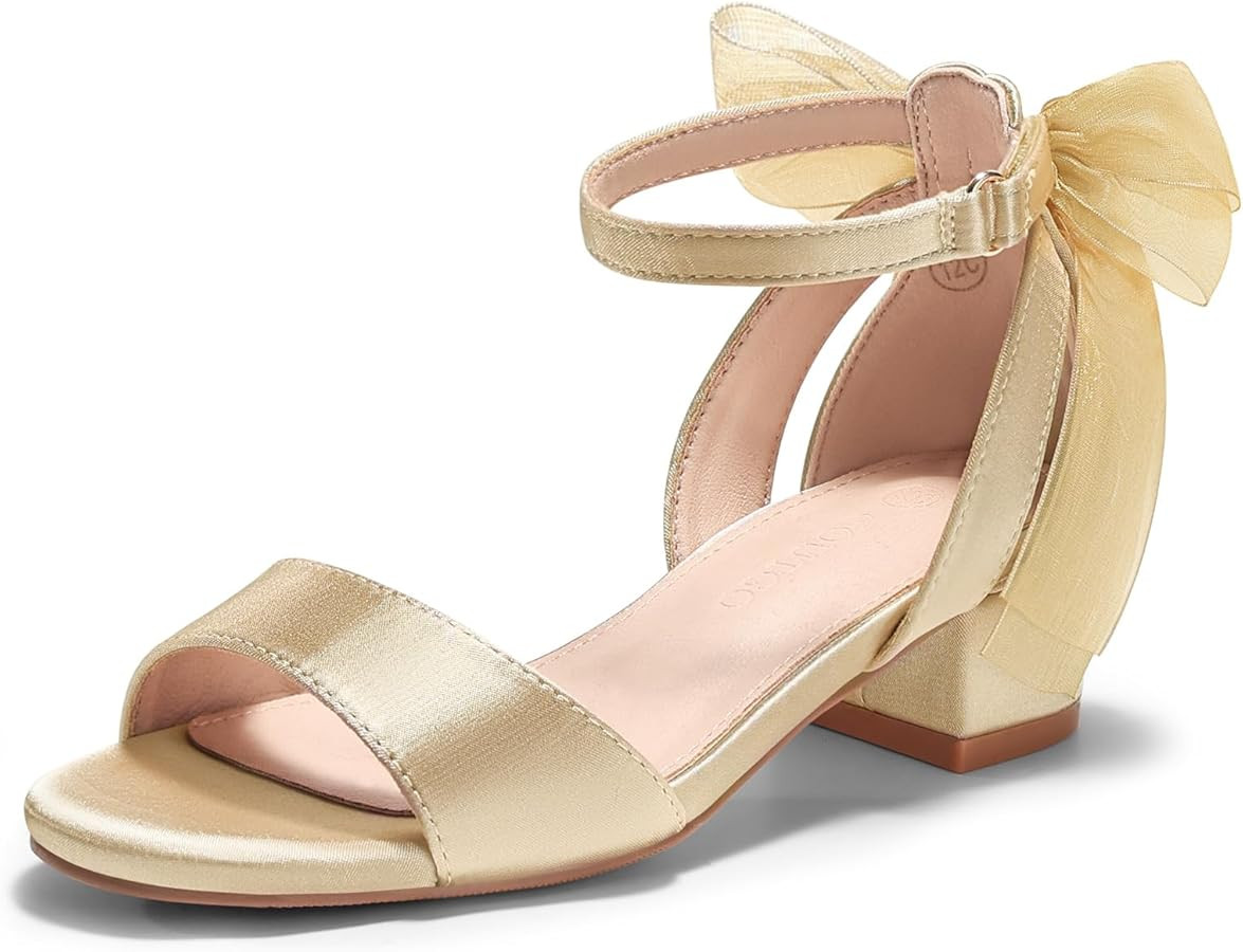 Coutgo Girls Dress Shoes Sandals Chunky Low Heels Bow Ankle Strap Flower Girl Wedding Party Shoes | Amazon (US)