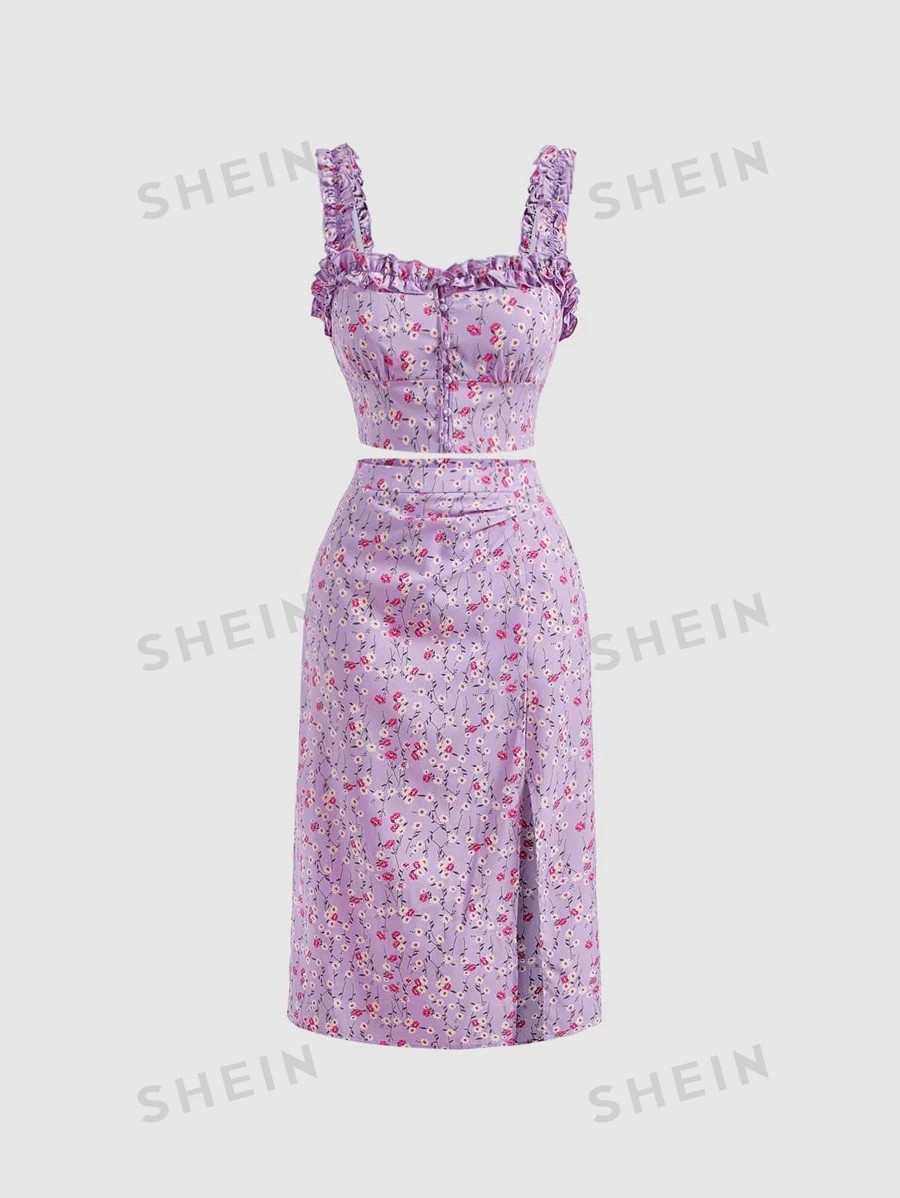 SHEIN MOD Ditsy Floral Frill Trim Cami Top & Split Thigh Skirt | SHEIN