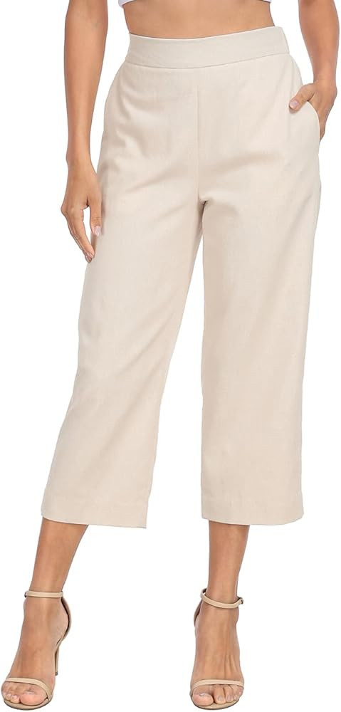 HDE Women's Pull On Linen Capri Pants Cropped High Waisted Summer Capris | Amazon (US)