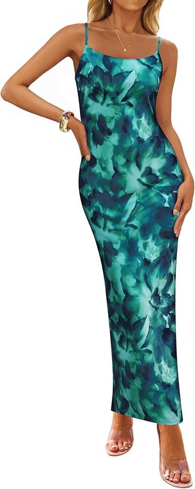 ZESICA Women’s Summer Bodycon Maxi Dresses 2025 Floral Spaghetti Strap Square Neck Sleeveless B... | Amazon (US)