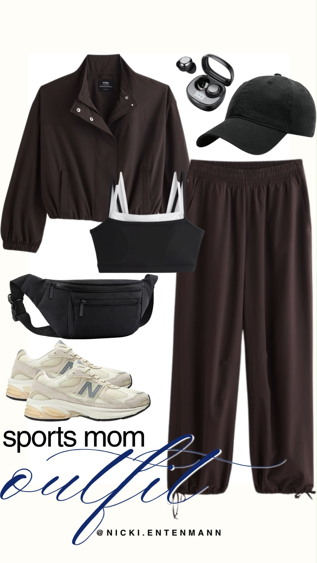 Stay comfortable and stylish on the sidelines with this sports mom outfit featuring chocolate brown athletic joggers paired with a sleek black sports bra and matching zip-up jacket. Complete your look with neutral New Balance sneakers, a functional black belt bag, a classic baseball cap, and wireless earbuds for hands-free convenience. It is the ultimate combination of practical performance and sporty-chic style for busy days at the field.

#sportsmom #momstyle #athleisure #activewear #sidestyle #casualoutfit #outfitinspiration #sportyfashion 

 #LTKootd #LTKmomlife #LTKSaleAlert