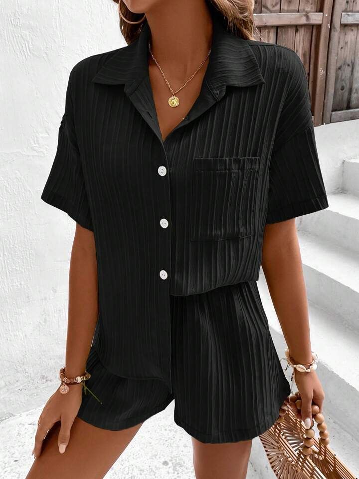 SHEIN Essnce Solid Button Front Shirt & Shorts | SHEIN