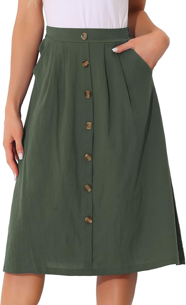 Allegra K Midi Skirts for Women Casual High Elastic Waist Button Pleated Linen A Line Skirts with... | Amazon (US)