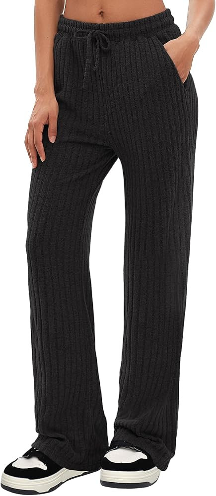 Darong Womens Ribbed Kint Wide Leg Lounge Pants Fall Comfy Drawstring Loose Trousers with Pockets | Amazon (US)