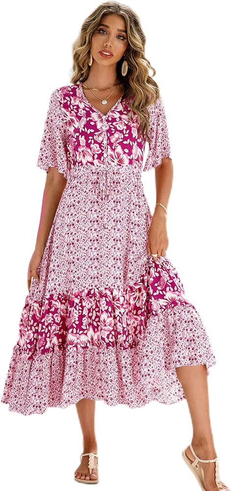 R.Vivimos Women's Short Sleeve V Neck Cotton Beach Floral Buttons Midi Dresses | Amazon (US)