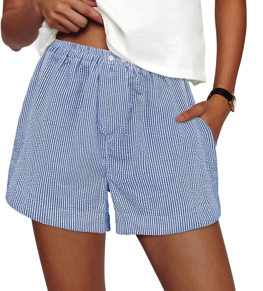 PRETTYGARDEN Women's Shorts Summer 2025 Trendy Striped Boxer Elastic Waist Casual Lounge Sleep Pa... | Amazon (US)
