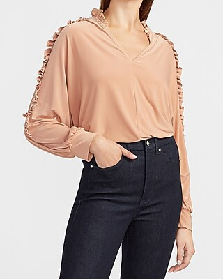 Satin Ruffle Sleeve V-Neck Top | Express