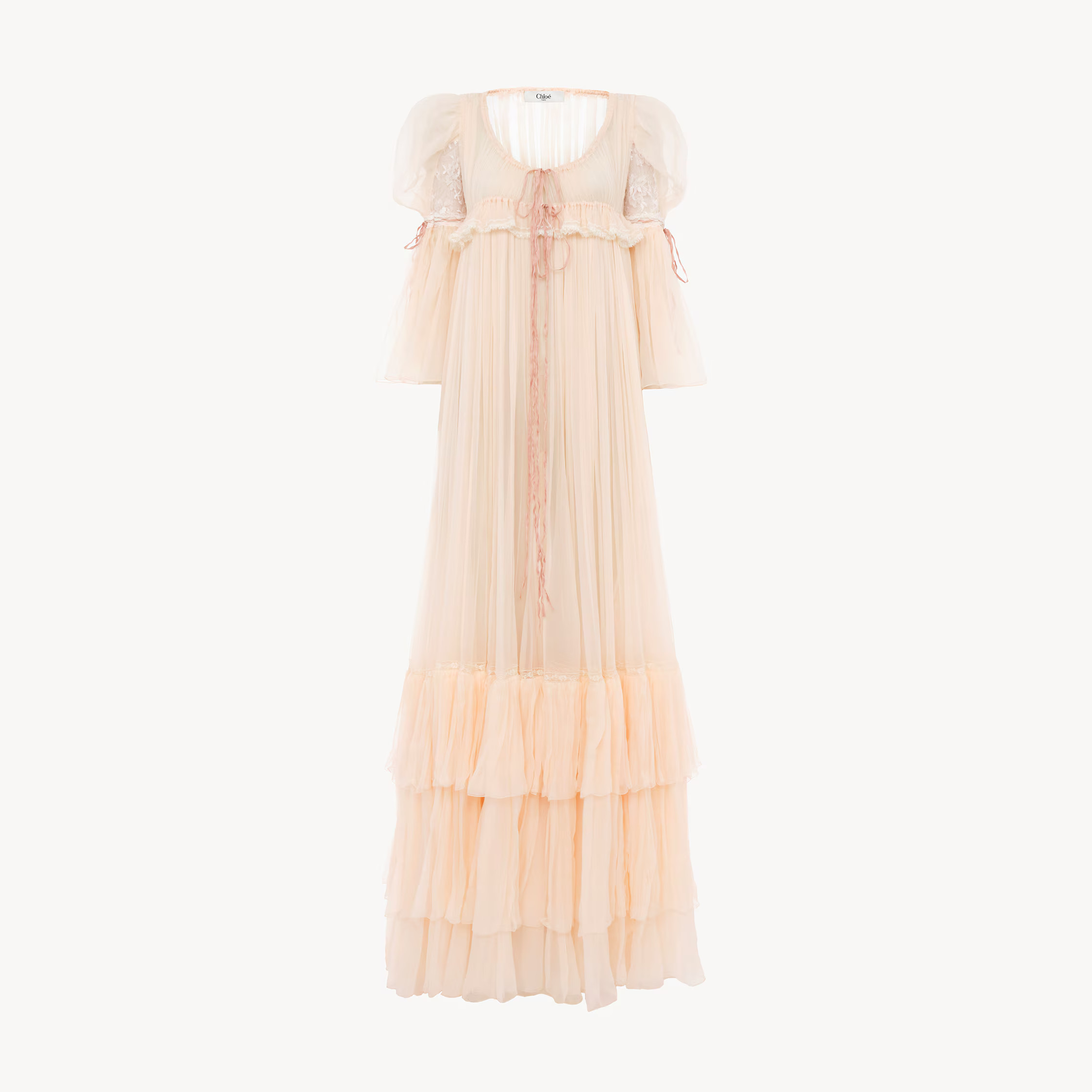 Chloé - Oversized long ruffled dress in silk mousseline & lace - Powdery Pink - 42 - Silk | Chloe US