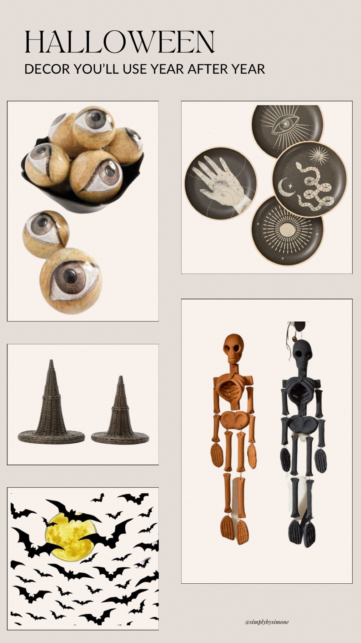 Halloween decor you’ll use year after year, timeless Halloween decor, West Elm Terracotta Hanging Skeleton, GRANDIN Road Eyeball Orbs, McGee and Co Wicker Witch Hats, Bat Wall decals with moon, west elm Halloween dishes