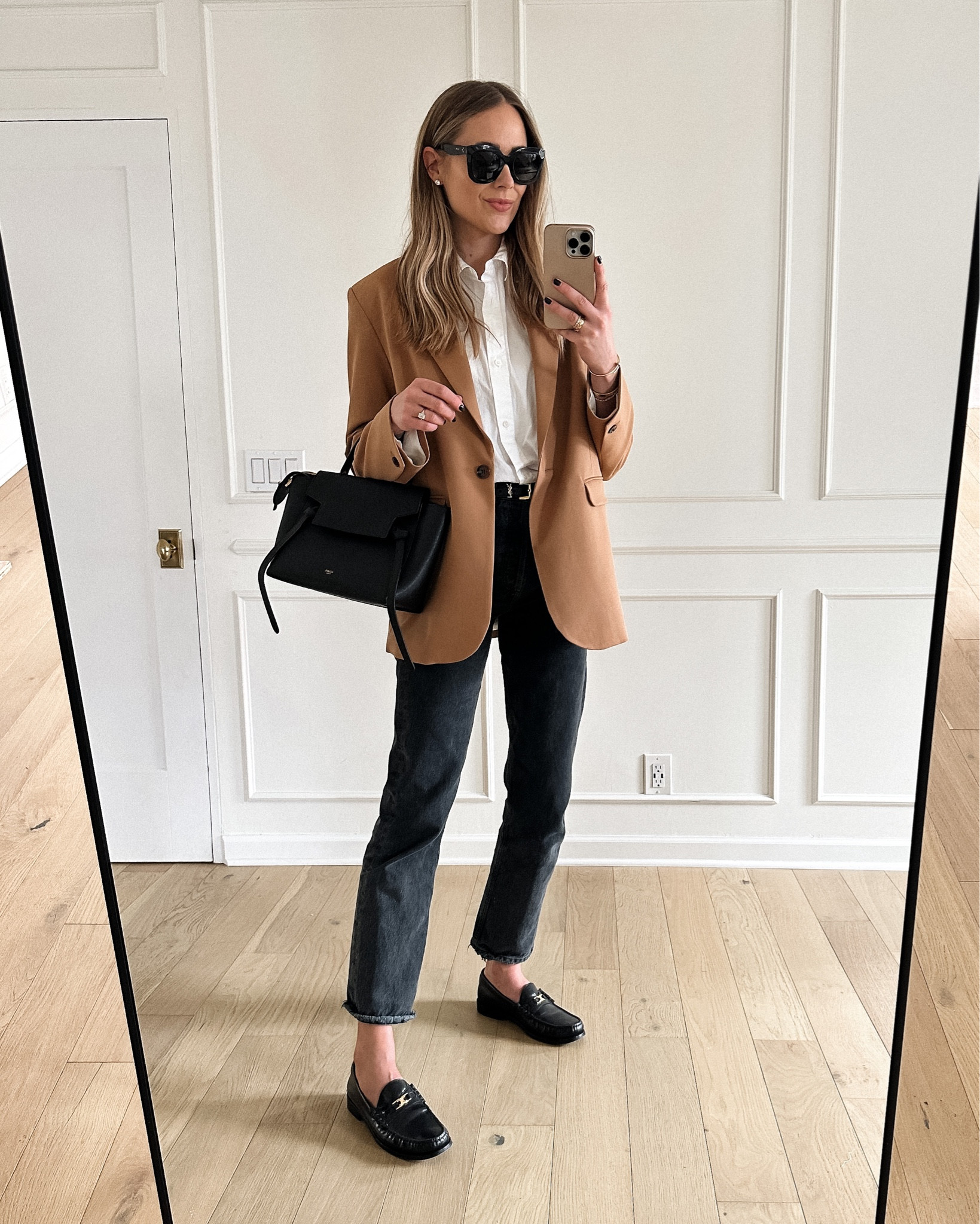 Fashion Jackson wearing camel blazer (small), white button up shirt, black jeans,  black loafers, workwear, business casual #fashionjackson #blazer #loafers #workwear 

#LTKunder100 #LTKstyletip #LTKworkwear