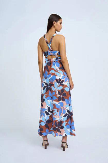 Ophelia Floral Bias Midi Dress - Navy Tan Brown Ivory | By Johnny