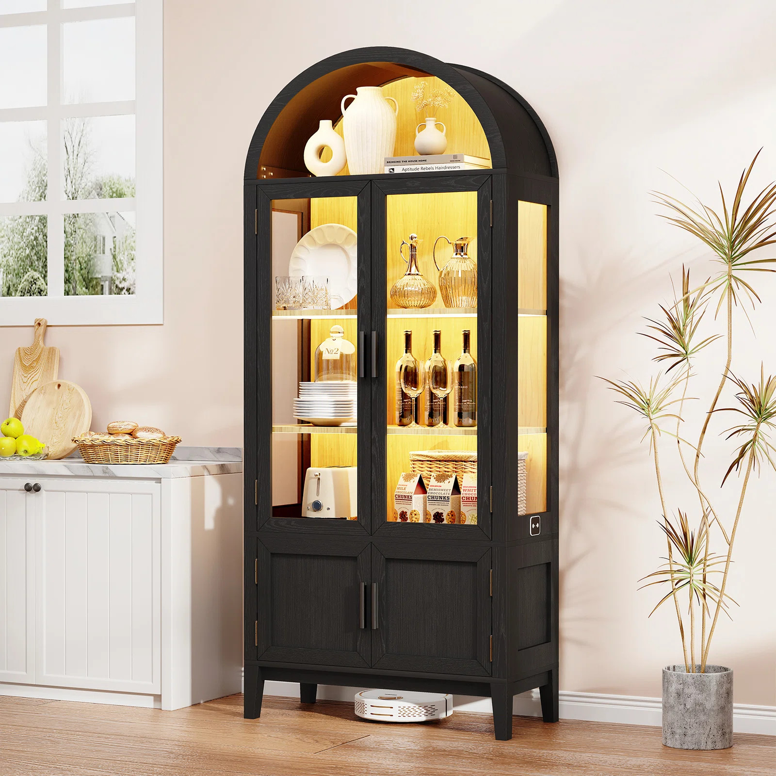 71" Tall Arched Pantry Cabinet, 5-Tier Kitchen Storage Cabinet with Glass Doors, 3 Color LED Ligh... | Wayfair North America