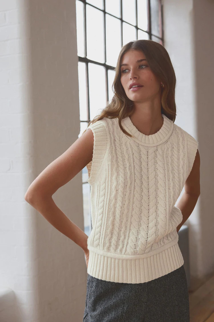 Buy White Ecru 100% Lambswool Premium Sleeveless Cable Knitted Jumper Tank Vest Top from the Next... | Lipsy