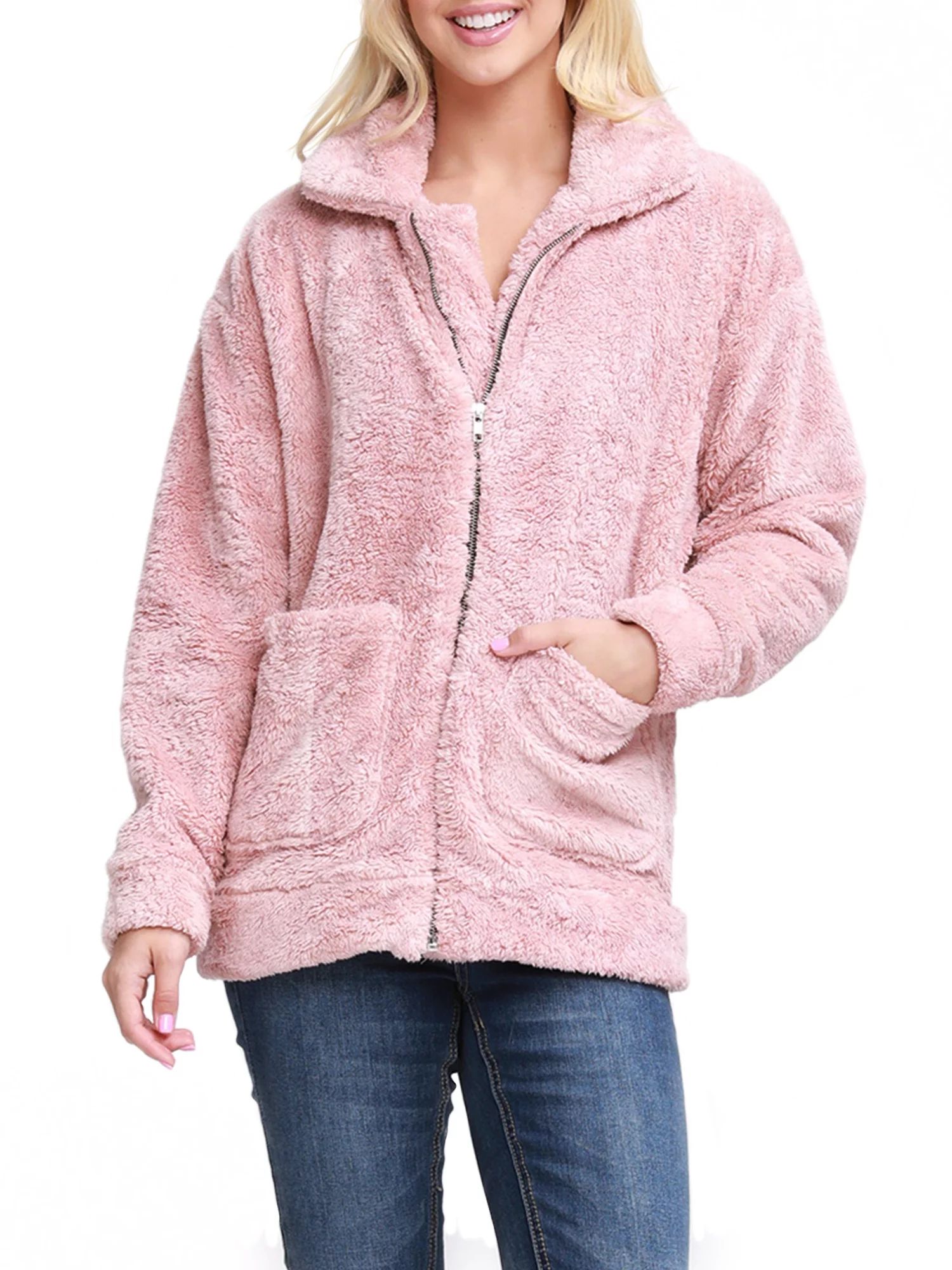 Doublju Women's Zip-Up Soft and Warm Sherpa Fur Jacket with Pocket (Plus Size Available) | Walmart (US)