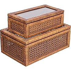 Creative Co-Op Modern Decorative Rectangle Woven Rattan and Wood Display Boxes with Glass Top, Se... | Amazon (US)