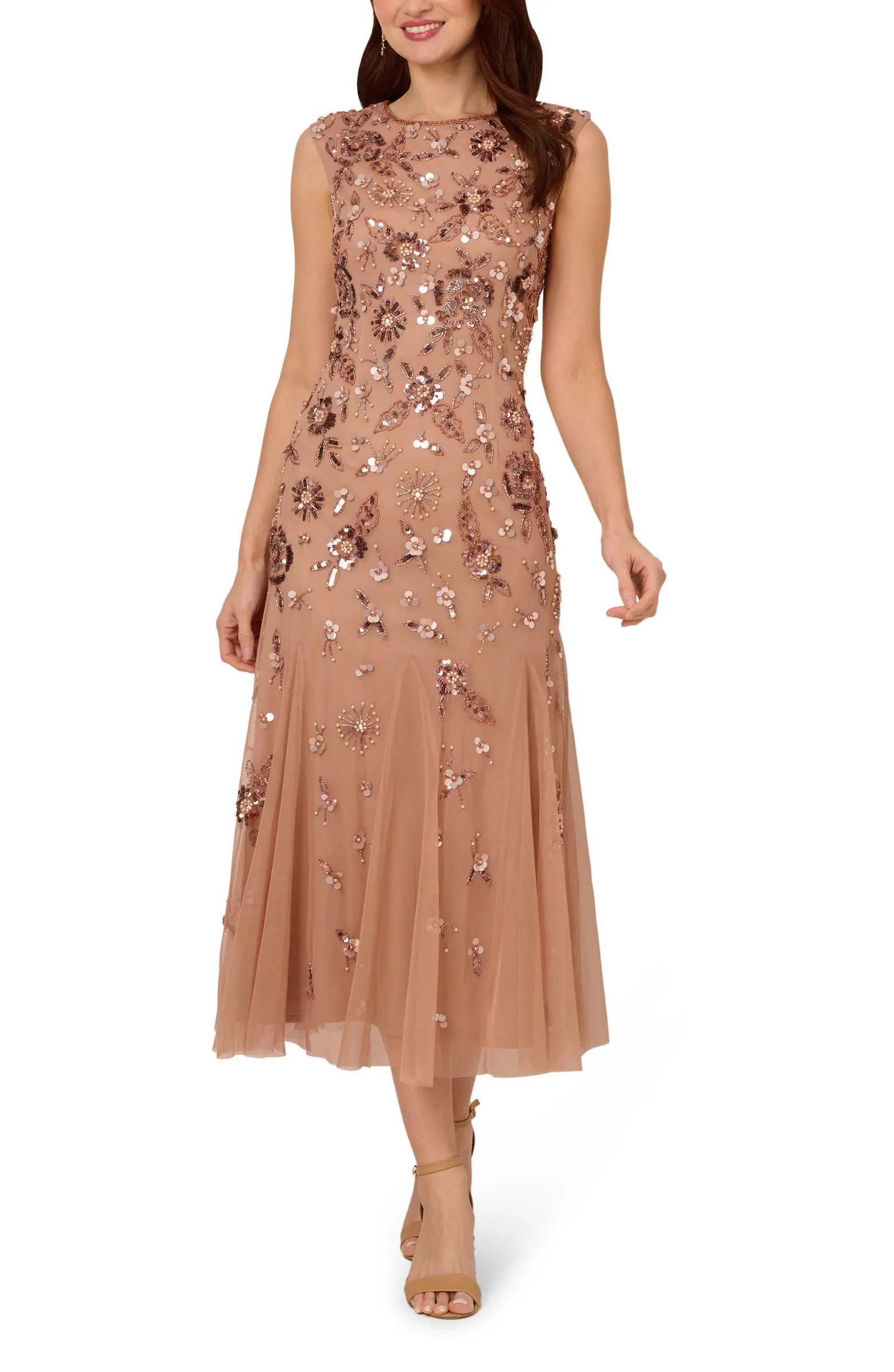 Adrianna Papell Embellished Mesh Midi Cocktail Dress | Nordstrom | Nordstrom