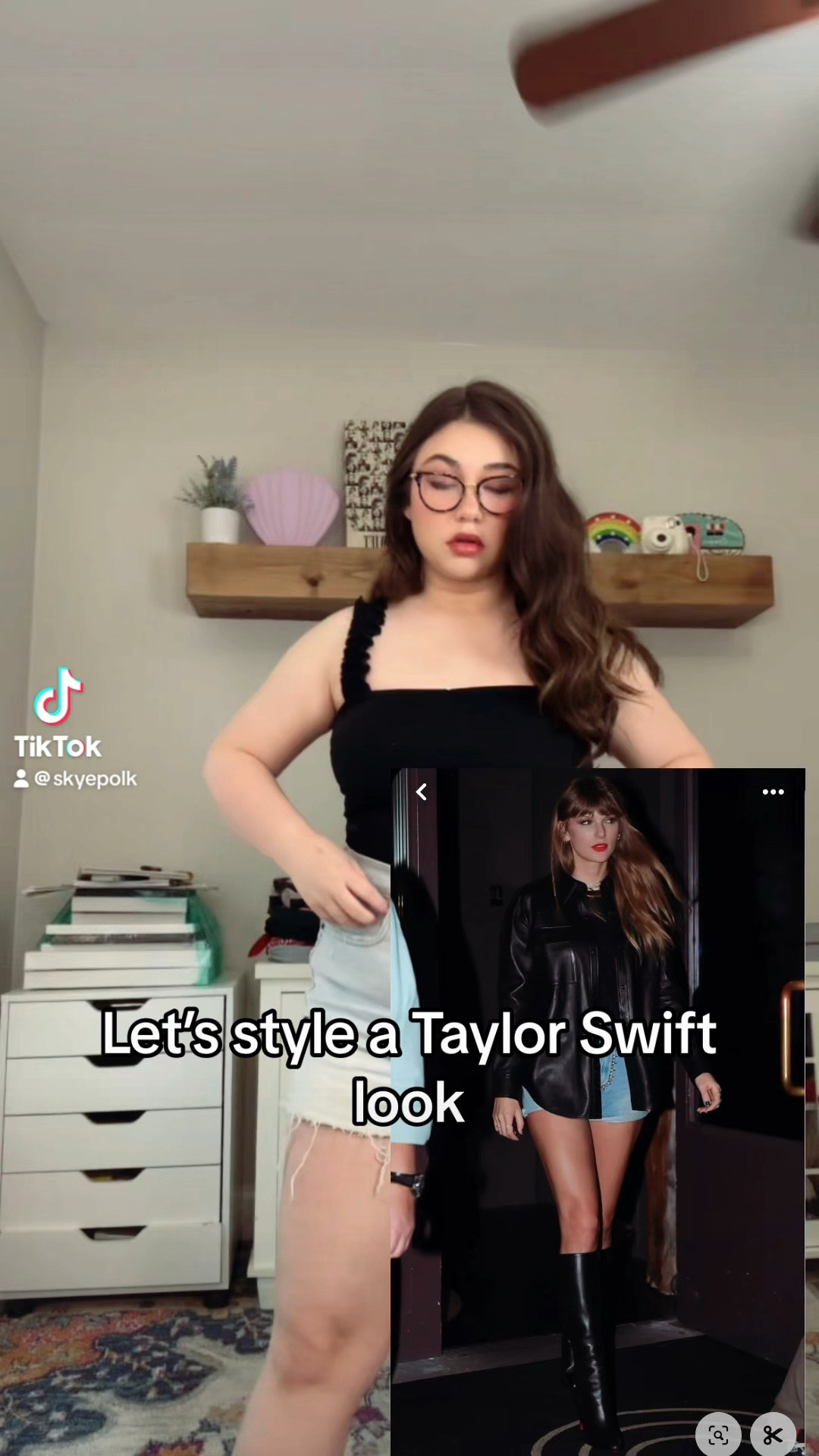 Taylor swift all black chic street style outfit with black body suit, light wash high waisted denim shorts, and knee high tall black matte patent leather boots 

#LTKFindsUnder100 #LTKStyleTip