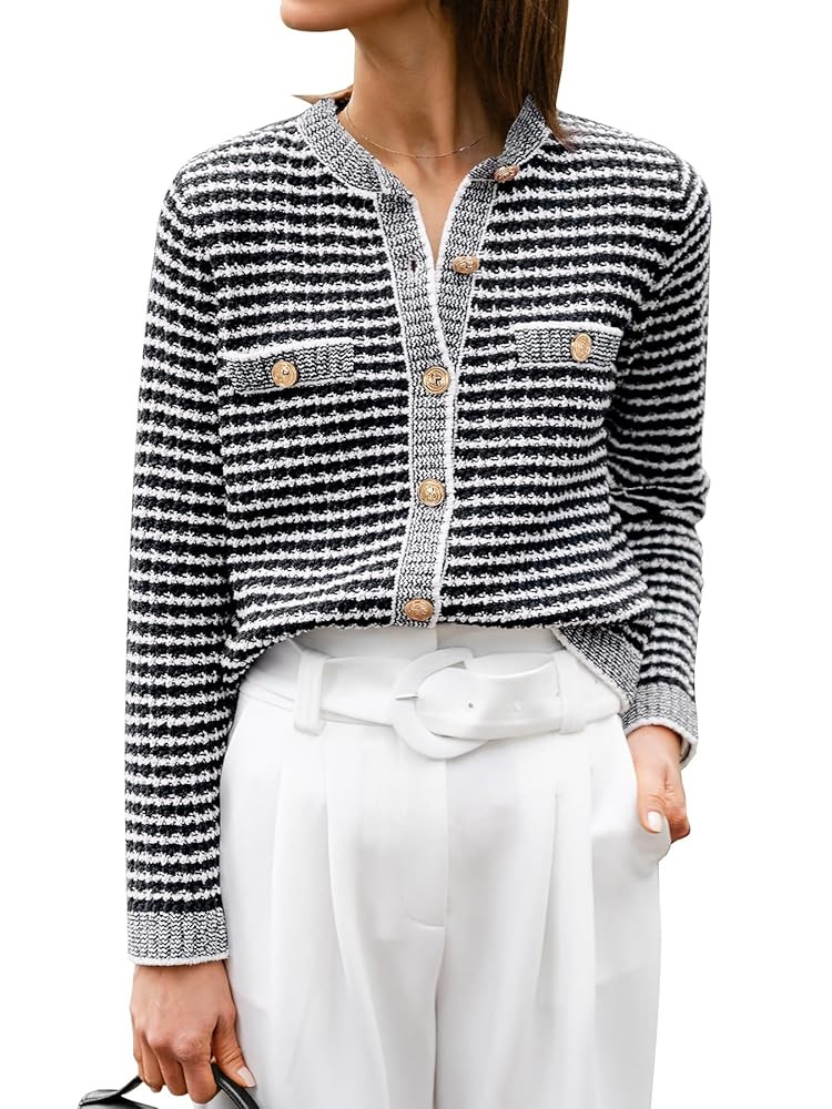 ANRABESS Women's Striped Cardigan Sweaters Casual Long Sleeve Open Front Button Down Knit Cropped... | Amazon (US)