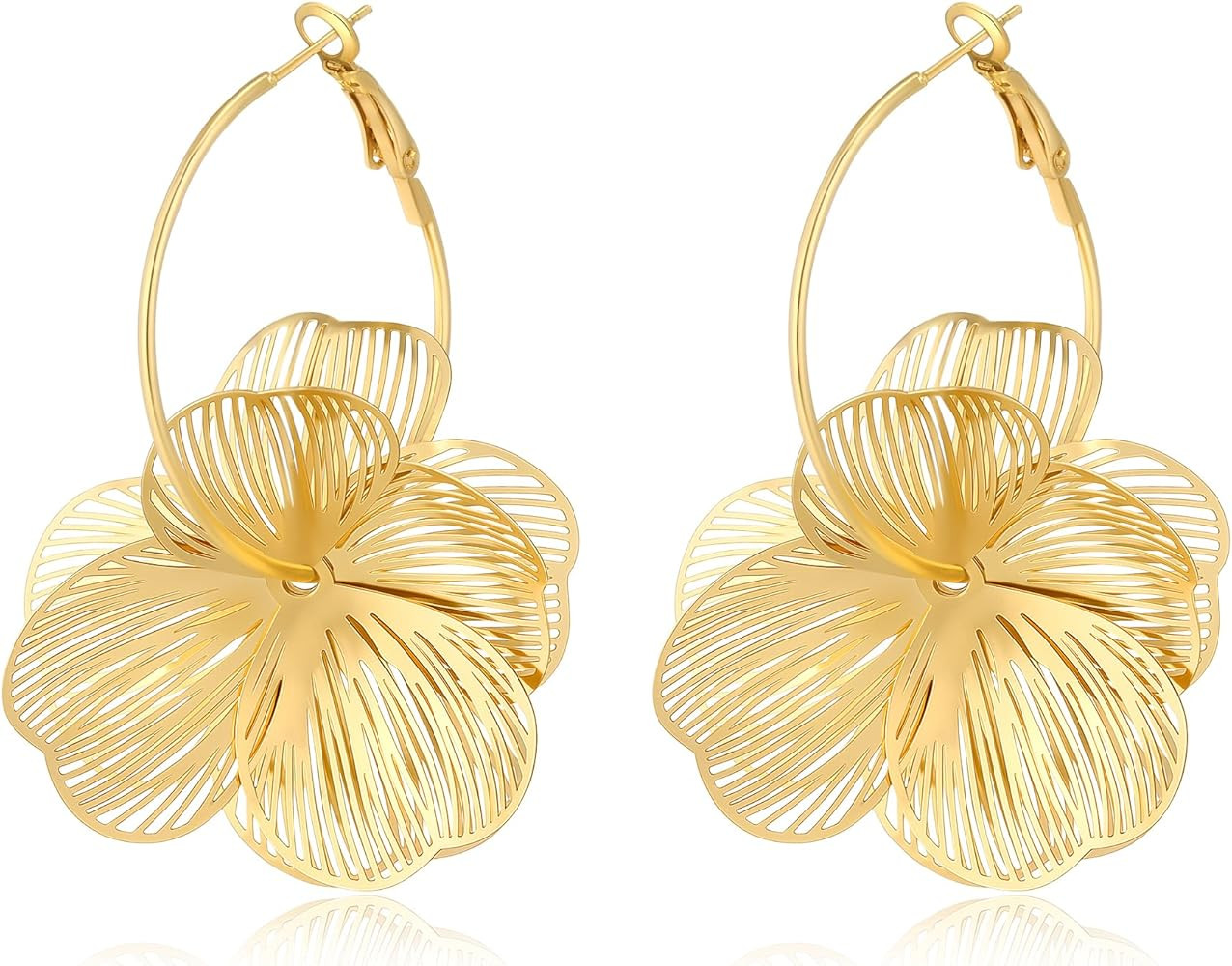 14K Gold Plated Flower Dangle Earrings for Women - Lightweight Hollow Wire Floral Hoop Earrings H... | Amazon (US)