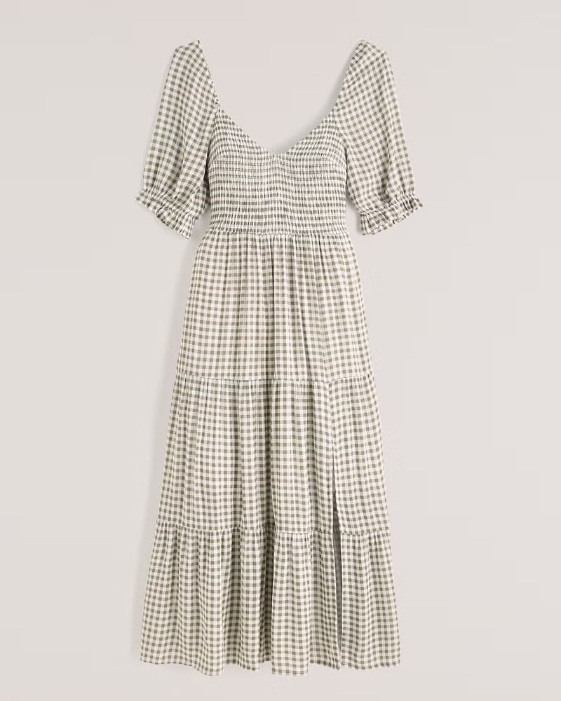 Women's Short-Sleeve Smocked Midi Dress | Women's New Arrivals | Abercrombie.com | Abercrombie & Fitch (US)