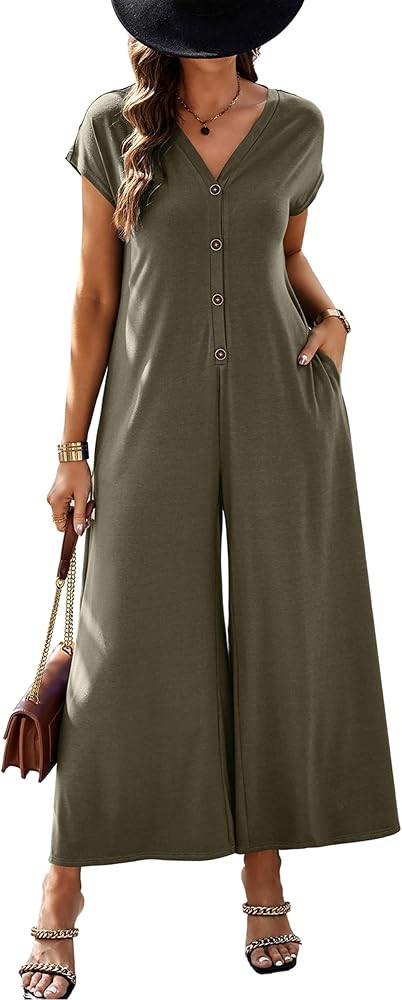 ECOWISH Women Long Pants Jumpsuit: Casual Short Sleeve V Neck Wide Leg Rompers Summer Loose Butto... | Amazon (US)
