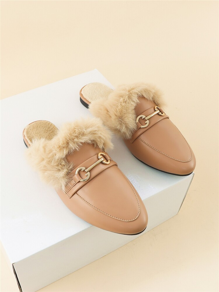 Snaffle Decor Fuzzy Panel Flat Mules | SHEIN
