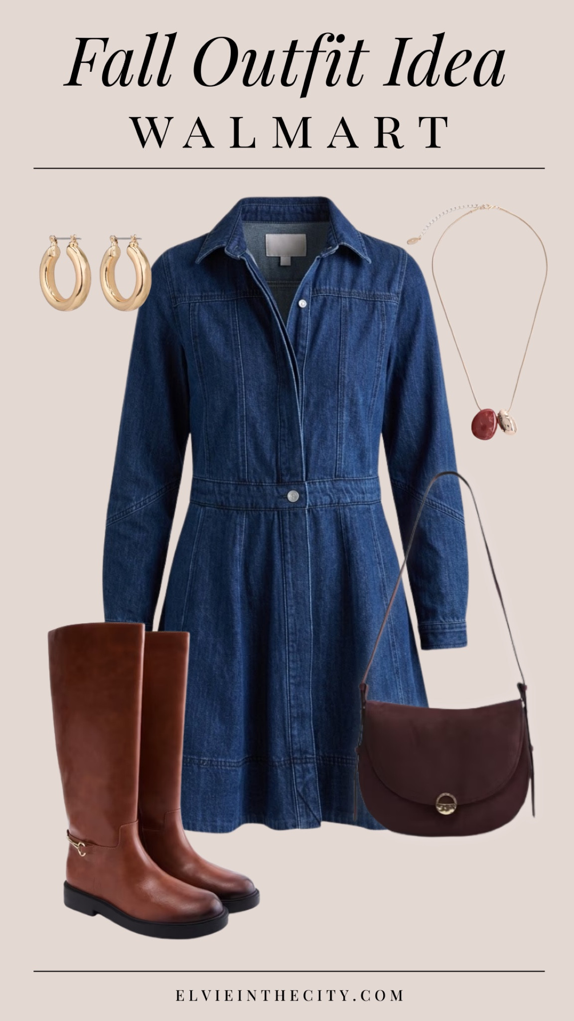 This fall outfit idea from Walmart includes a long sleeve denim dress paired with tall brown boots, a faux suede purse, gold necklace, and gold hoop earrings.

Affordable fashion, walmart fashion, ootd, fashion over 40, over 50 style 

#LTKPetite #LTKOver40 #LTKootd