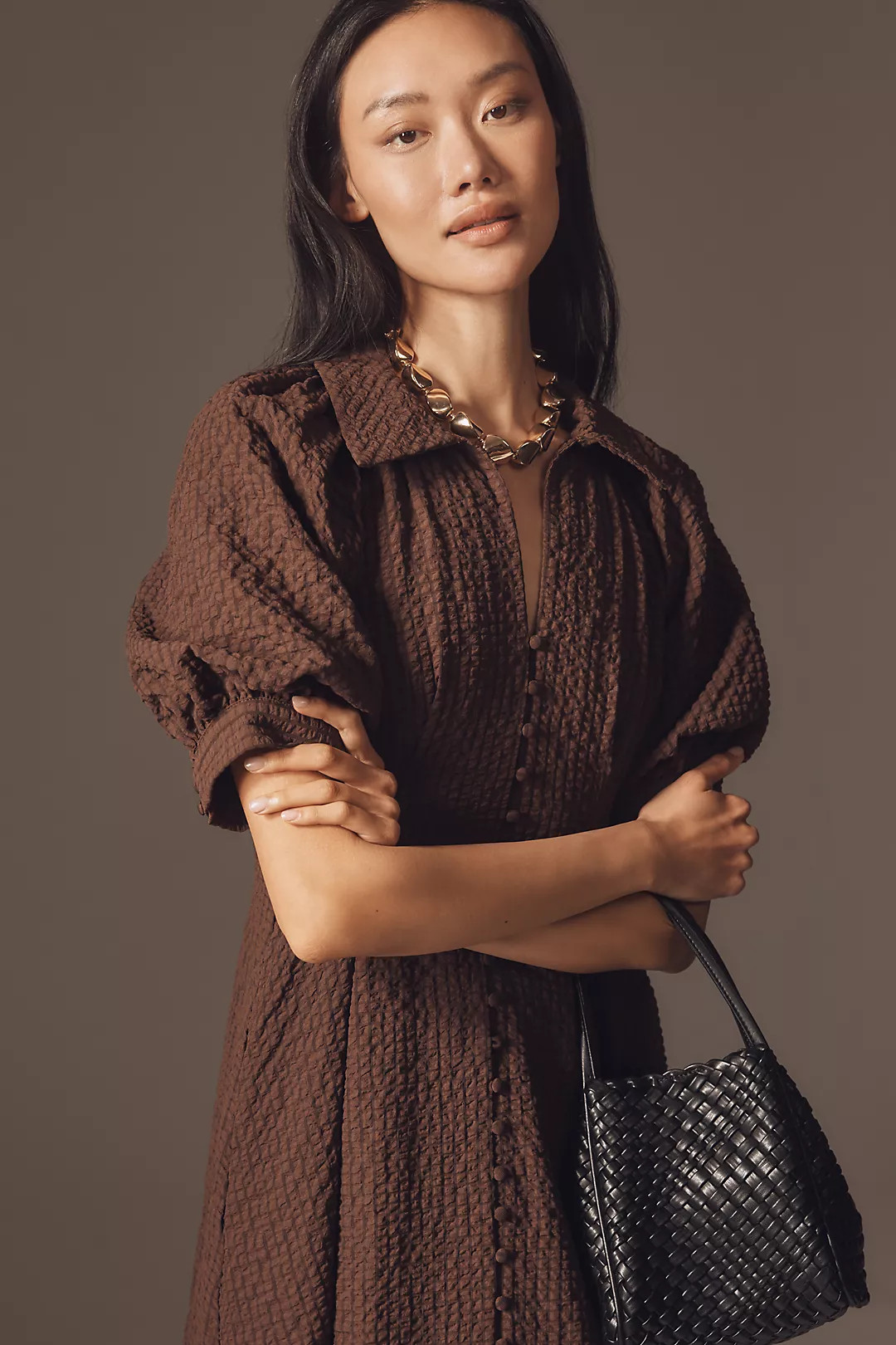 English Factory Puff-Sleeve Textured Midi Shirt Dress | Anthropologie (US)