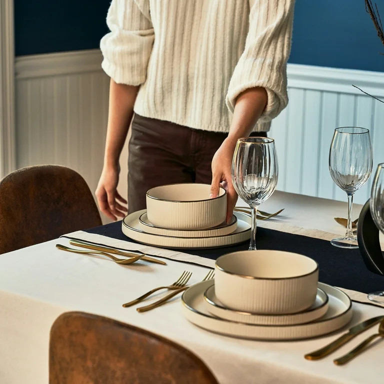 Thyme & Table 12-Piece Cream Ribbed Stoneware Dinnerware Set, Service for 4, Aden Collection | Walmart (US)