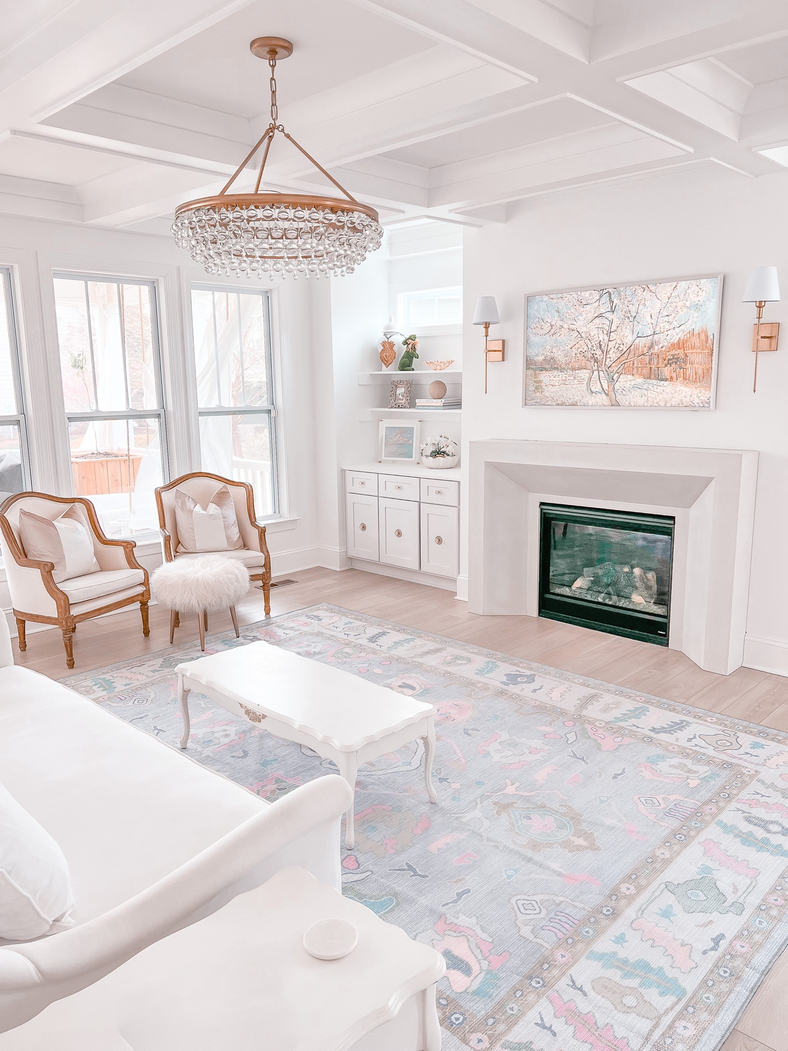 Living toom
Grandmillenial
Oushak rug
Frame tv
Coffered ceiling
White couch
Slip covered sofa
Battery sconce
French home decor


#LTKunder100 #LTKunder50 #LTKhome