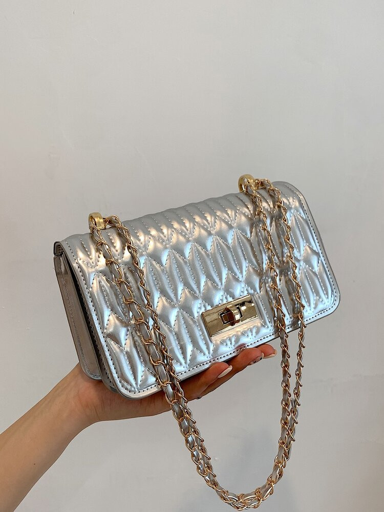 Mini Metallic Quilted Twist Lock Flap Chain Square Bag | SHEIN