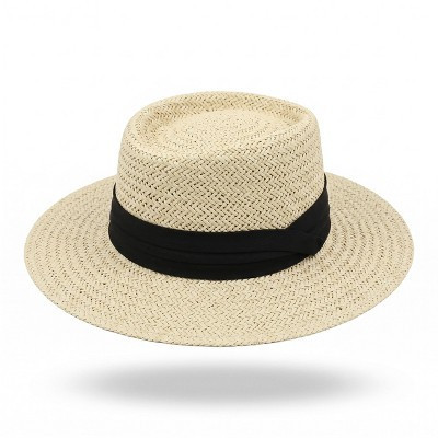 Anna-Kaci Womens Straw Boater Hat Flat Top Wide Brim Summer Beach Sun Hat Lightweight, Natural Black | Target