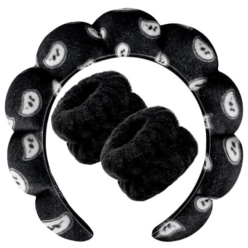Zkptops Spa Headband for Washing Face Wristband Set Sponge Makeup SkincareVelvet Fabric Bubble Soft Get Ready Hairbands for Women Puffy Headwear Non Slip Thick Thin Hair Accessory (Black Nuts) | Amazon (US)