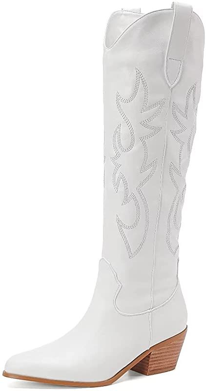 Women's Embroidered Western Cowboy Boots Knee High Medium Heel Chunky Heel Fashion Retro Classic Boo | Amazon (US)