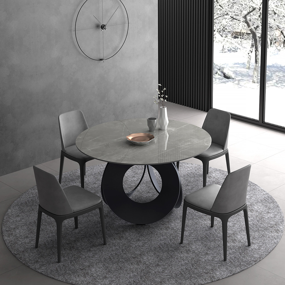 51"" Round Gray Dining Table with Faux Marble Top & Carbon Steel Base | Homary