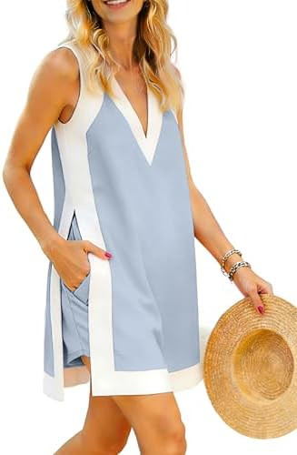 Hooever Women's Sleeveless V Neck Color Block 2 Piece Set Tunic Dress Top with Shorts Summer Beac... | Amazon (US)