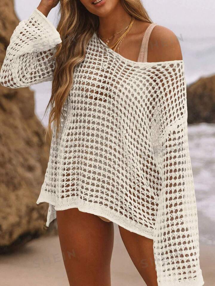 SHEIN VCAY Holiday Beach Leisure Loose Knitted Swimsuit Cover-Up With Hollow-Out Design | SHEIN