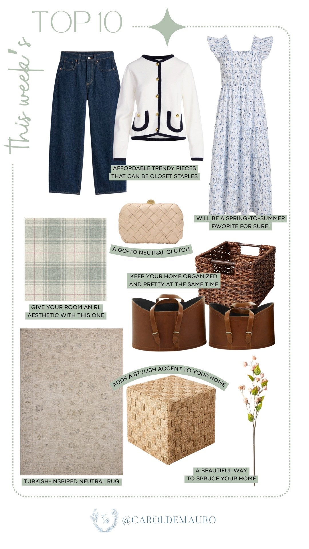 This week is all about the perfect mix of style and home with indigo barrel jeans, a classic cardigan, a floral midi dress, and a go-to neutral clutch. Don't miss out on the home decor pieces either, like the Turkish-inspired neutral rug, woven baskets, plaid wallpaper, and a pretty floral stem.

elevated basics, casual outfit, dressy style, organization tips, home refresh, everyday bag, wall decor, faux plant

#LTKHome #LTKSeasonal #LTKU