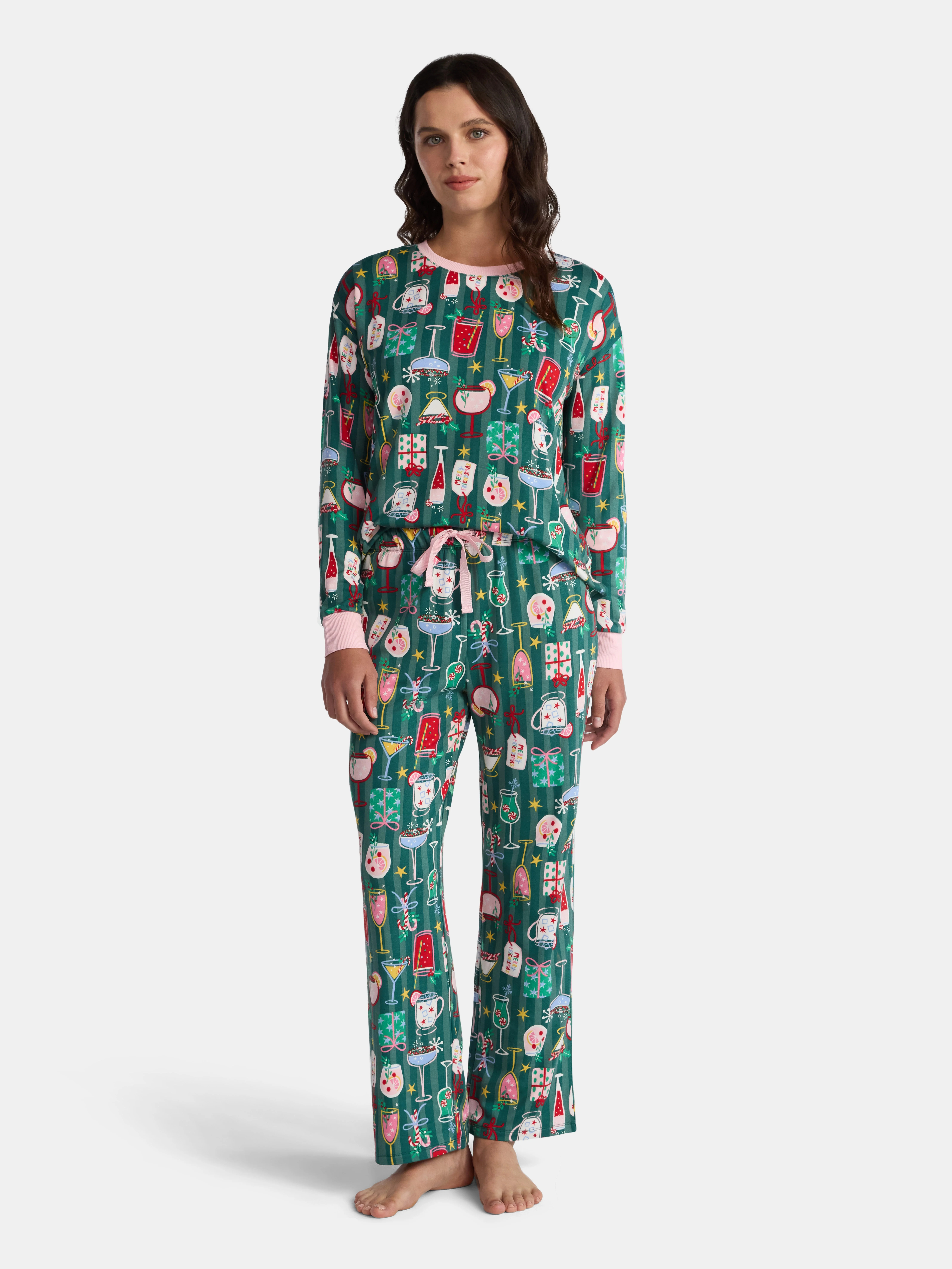 Jaclyn Women's Holiday Long Sleeve Sleep Top and Open Leg Pants Pajama Set, 2-Piece, Sizes S-XL -... | Walmart (US)