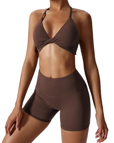 ABOCIW Women Workout Sets 2 Piece Yoga Outfits Twist Front Cross Back Sports Bras Halter Yoga Bra Tummy Control High Waist Booty Biker Shorts Exercise Gym Sets Coffee X-Large | Amazon (US)