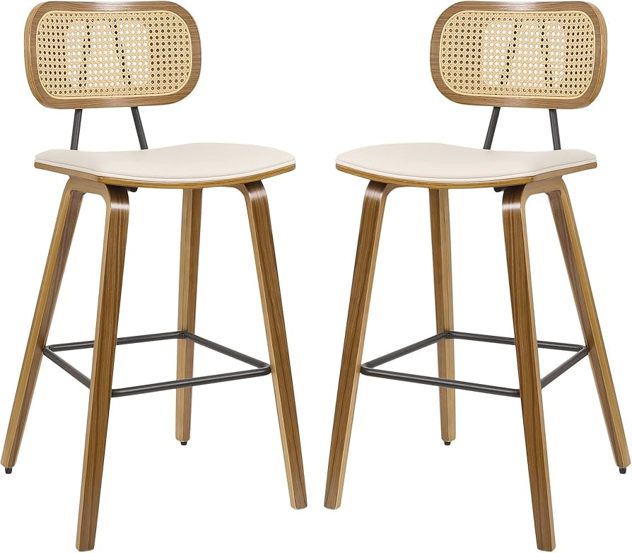 Counter Height Bar Stools Set of 2, Mid Century Modern Counter Stools, 26" Wood Kitchen Stool PU ... | Amazon (US)