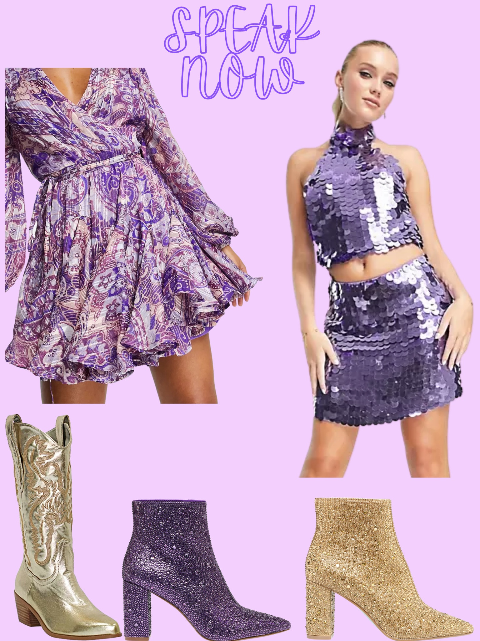 SPEAK NOW TAYLOR SWIFT ERAS TOUR OUTFIT INSPO. purple sequins. Metallic boots. Sparkle boots. Speak now Taylor // speak now eras tour outfit ideas 

#LTKunder100 #LTKunder50