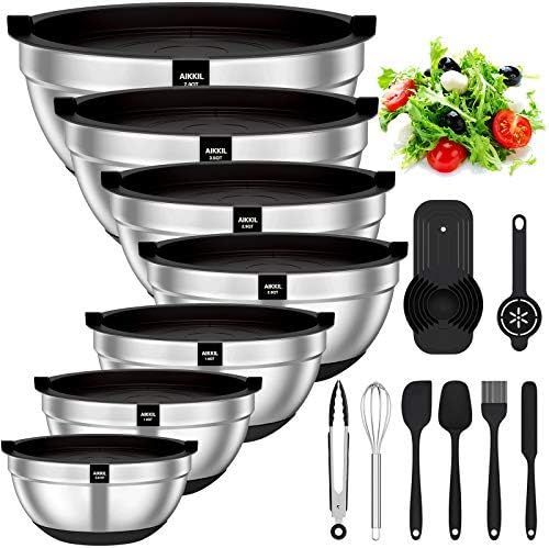Mixing Bowls with Airtight Lids, 20 piece Stainless Steel Metal Nesting Bowls, AIKKIL Non-Slip Silic | Amazon (US)