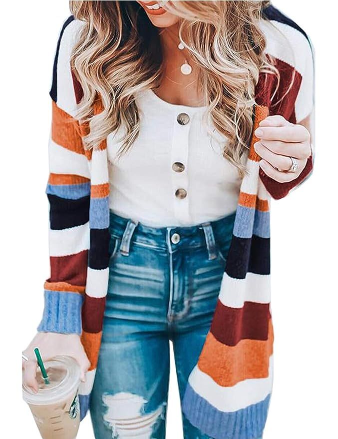 Womens Color Block Striped Cardigan Long Sleeve Open Front Knit Sweater Cardigan with Pockets | Amazon (US)