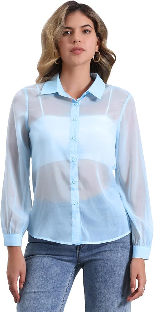 Allegra K Sheer Button Up Blouse for Women's See Through Mesh Long Sleeve Shirt Tops | Amazon (US)