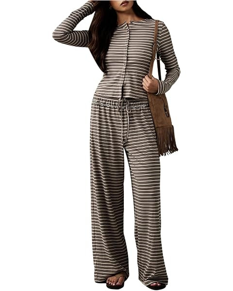 WDIRARA Women's Striped 2 Piece Pants Outfits Long Sleeve Top Lounge Sets | Amazon (US)