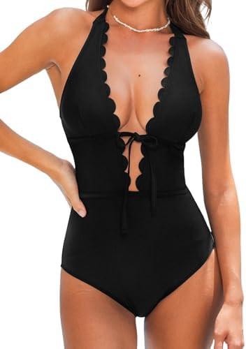 CUPSHE Women's One Piece Swimsuit Bathing Suits Halter Deep V Neck Self Tie Cutout Scalloped Swim... | Amazon (US)