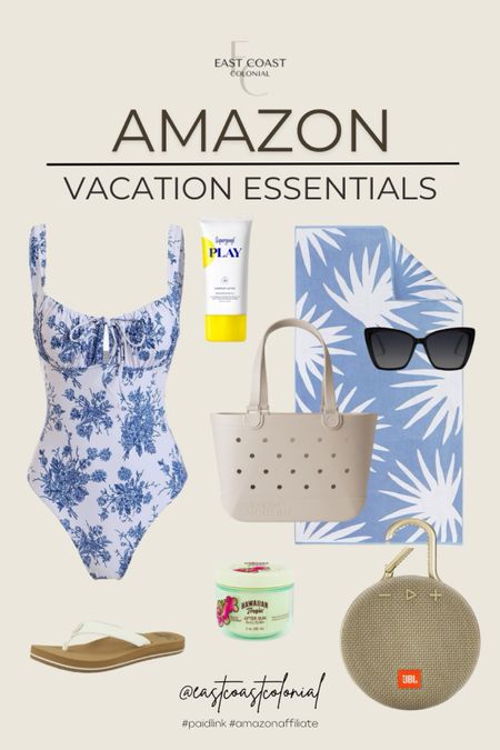 Swimsuit, rubber beach bag tote, towel, sunglasses, sandles, spf sunscreen, after sun body butter, portable Bluetooth speaker. Vacation. 

#LTKStyleTip #LTKTravel #LTKSaleAlert