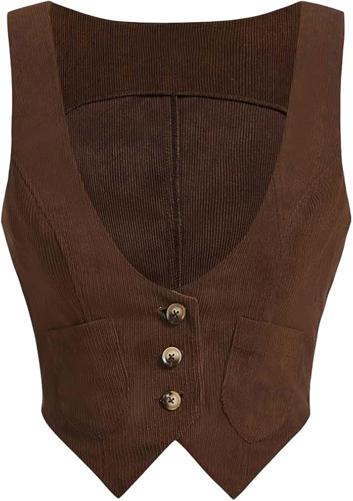 Verdusa Women's Button Front Scoop Neck Sleeveless Patch Pocket Crop Vest Blazer Jacket | Amazon (US)